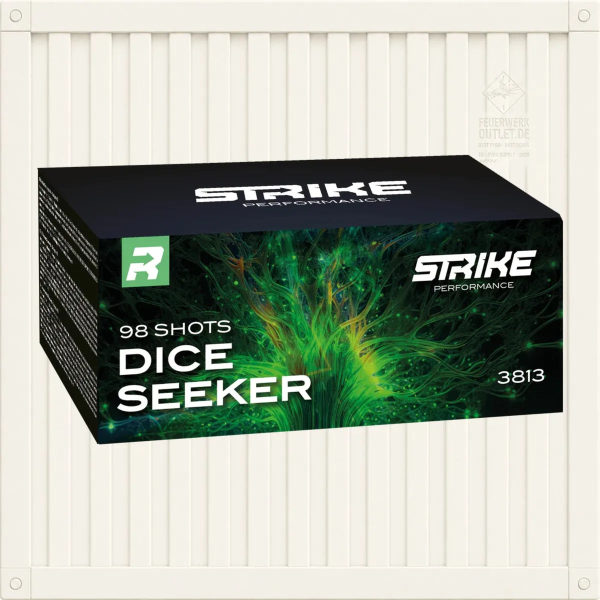 Eine schwarze Schachtel mit den Aufschriften „FWS Strike Dice Seeker“ und „FWS Feuerwerk“, die mit grünen abstrakten Grafiken verziert ist, 98 Schüsse enthält und die Nummer 3813 trägt, ist vor einem weiß gestreiften Hintergrund abgebildet.