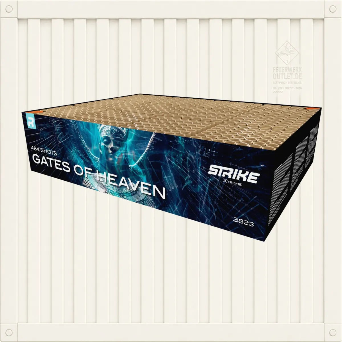 Eine rechteckige FWS-Feuerwerksschachtel mit der Aufschrift „Strike Xtreme Gates of Heaven | Sodom and Gomorrah 2“, die 484 Schuss enthält, ist mit einer futuristischen Engelsgrafik mit blauen Akzenten auf der Verpackung verziert, die sich vor einem gestreiften weißen Hintergrund abhebt.