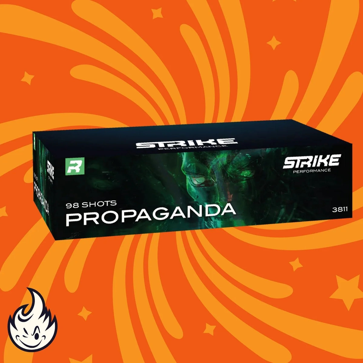 Eine rechteckige FWS - Strike Box mit der Aufschrift "FWS Strike Propaganda" ist schräg vor einem orangefarbenen Hintergrund mit wirbelnden Mustern und einem kleinen Flammenlogo in der Ecke zu sehen.