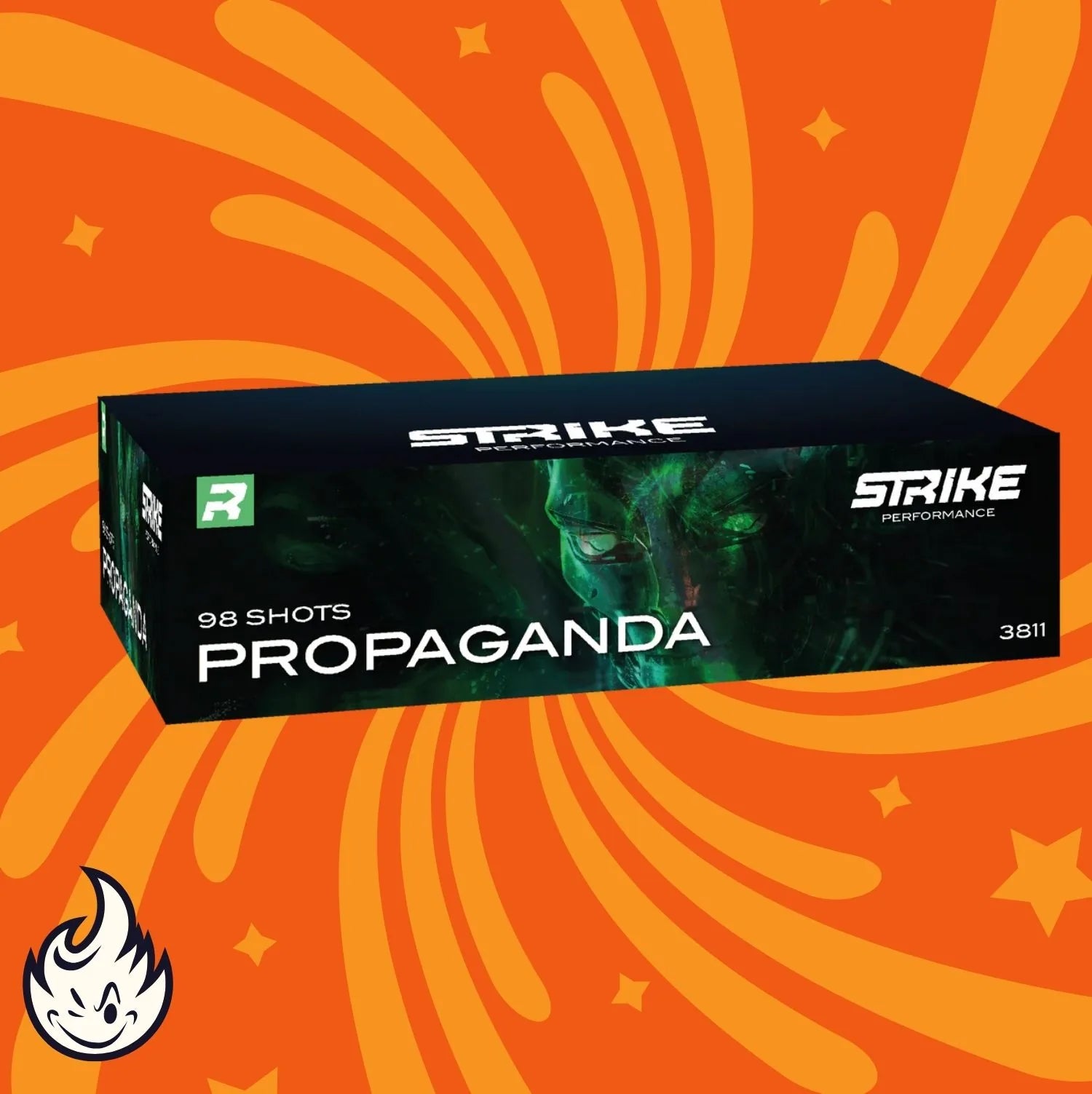 Eine rechteckige FWS - Strike Box mit der Aufschrift "FWS Strike Propaganda" ist schräg vor einem orangefarbenen Hintergrund mit wirbelnden Mustern und einem kleinen Flammenlogo in der Ecke zu sehen.