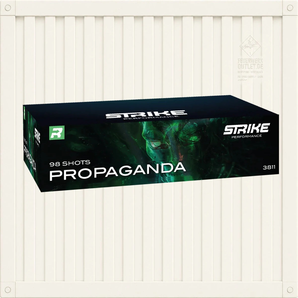 Eine rechteckige Schachtel mit der Aufschrift „FWS Strike Propaganda“ von FWS Feuerwerk und grünen Grafiken steht vor einem weiß gestreiften Hintergrund.