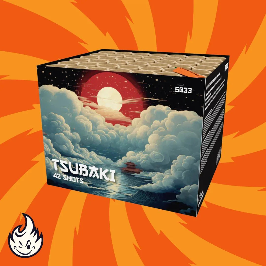 Eine Schachtel FWS Tsubaki von FWS - Strike zeigt eine rote Sonne, Wolken und ein Schiff, mit einem orange-roten Spiralhintergrund und einem Flammenlogo in der Ecke.