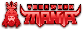 Logo für „Vuurwerk Mania“ mit fettem roten Text und stilisierten Flammen. Auf der linken Seite ist eine Abbildung eines roten Samuraihelms zu sehen.