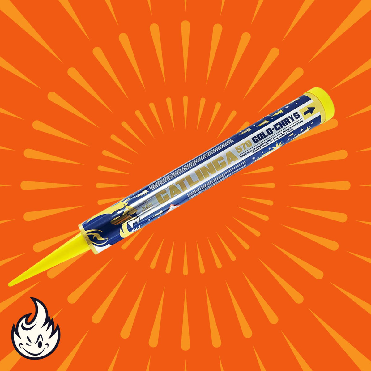 Ein Iskra Gatlinga 570 Gold-Chrys-Feuerwerk mit gelber Kappe und blauem Etikett ist diagonal auf einem orangefarbenen Hintergrund mit strahlenden gelben Linien abgebildet. Das Iskra-Cartoon-Flammenlogo erscheint in der unteren linken Ecke.