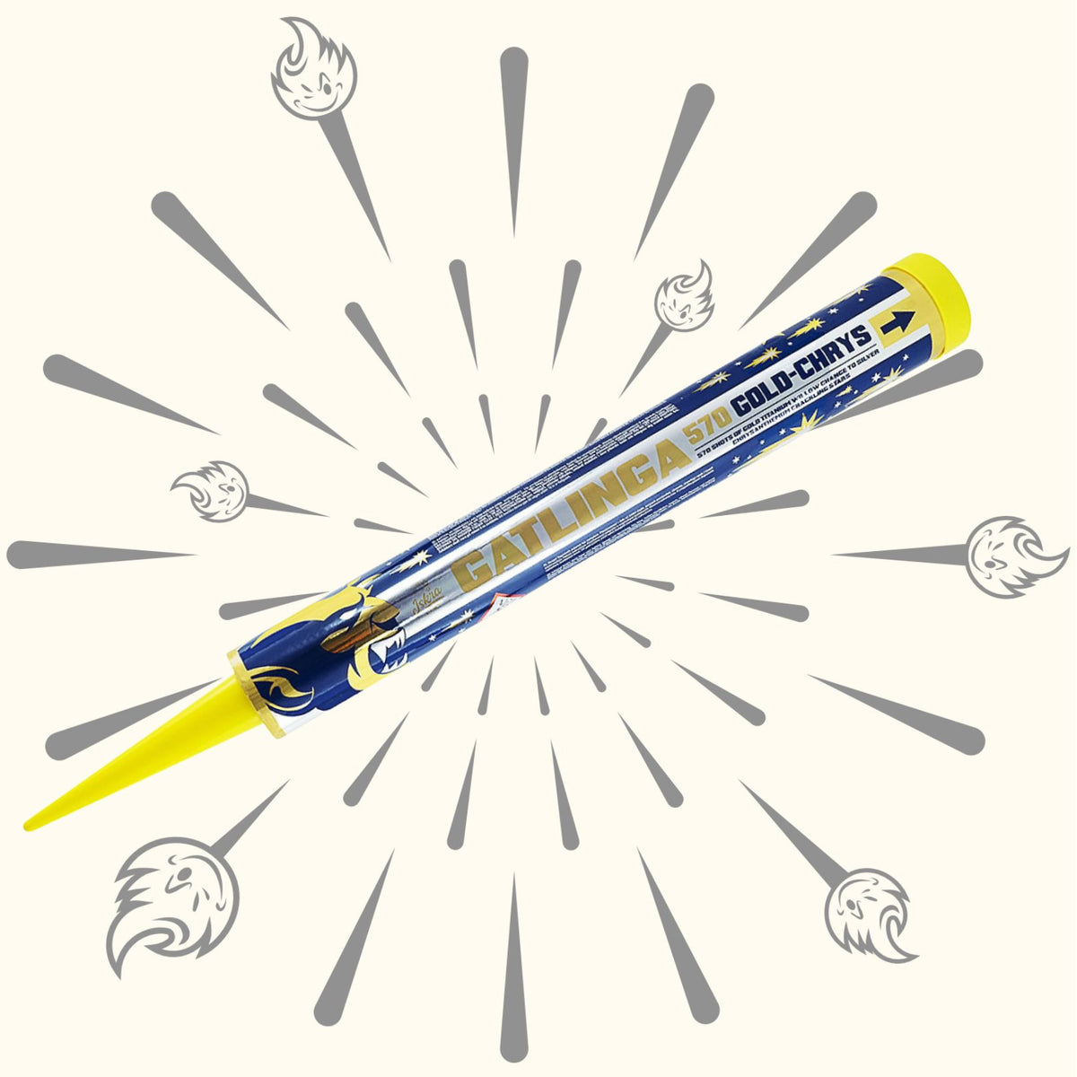 Ein Handfeuerwerk von Iskra, das "Gatlinga 570 Gold-Chrys", zeigt blaue und gelbe Farben mit einem Hintergrund aus Sternschnuppen und Feuerwerkssymbolen.