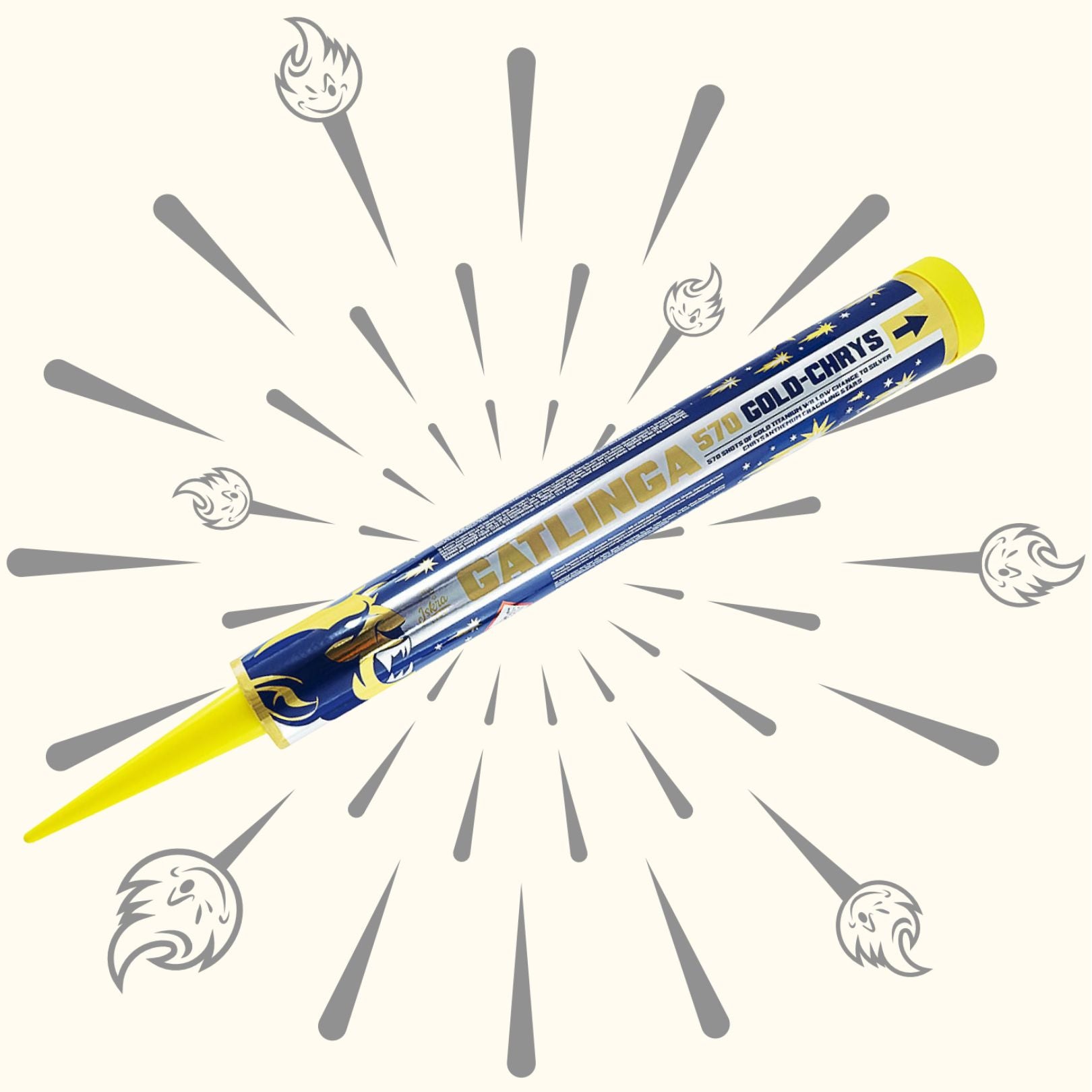 Ein Handfeuerwerk von Iskra, das "Gatlinga 570 Gold-Chrys", zeigt blaue und gelbe Farben mit einem Hintergrund aus Sternschnuppen und Feuerwerkssymbolen.