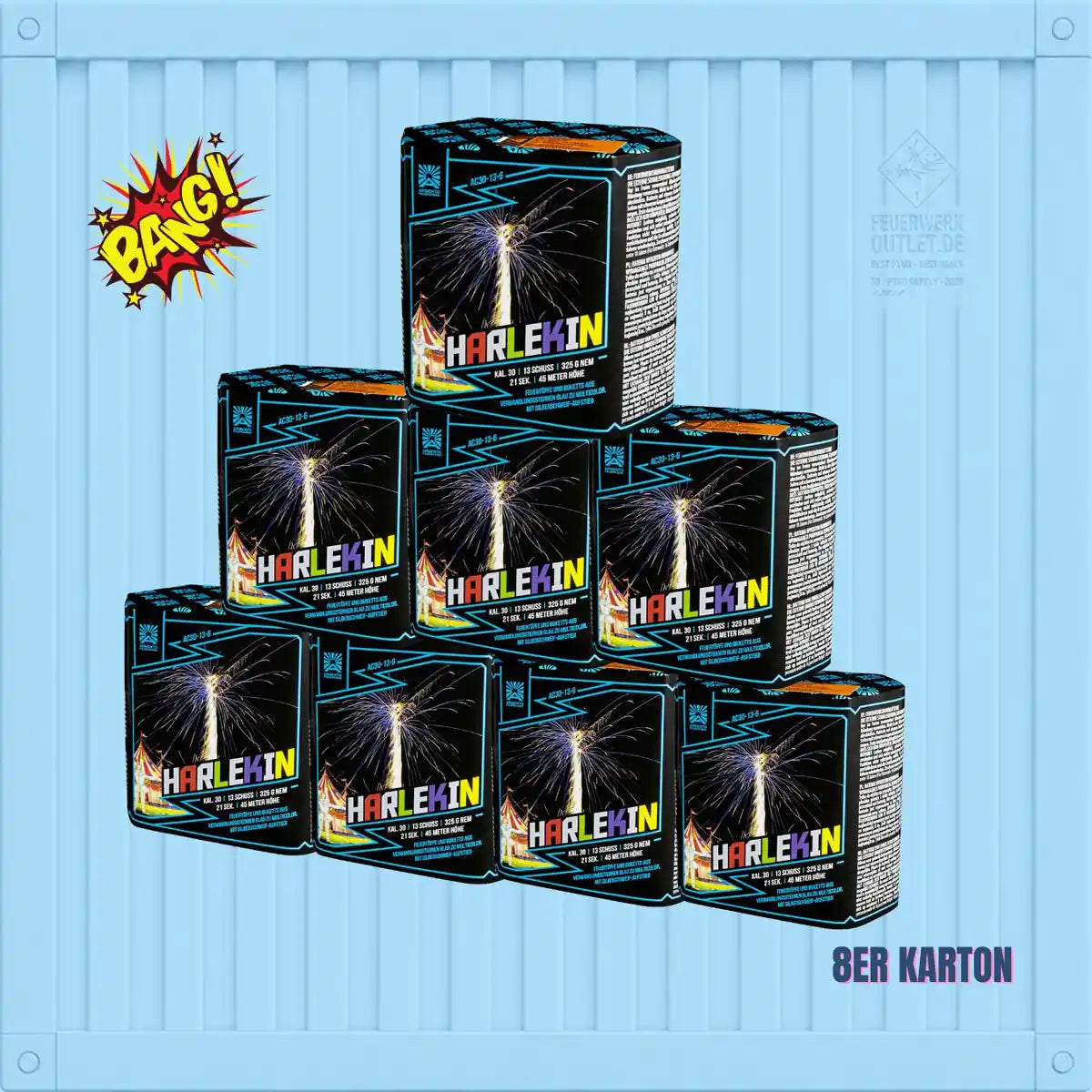 Acht Kartons „Argento Harlekin 8er Karton“ 📦 mit Feuerwerkskörpern von Argento sind vor einem hellblauen Hintergrund pyramidenförmig aufgestapelt; unten rechts sind die Schriftzüge „BANG!“ und „8ER KARTON“ im Comic-Stil zu sehen.