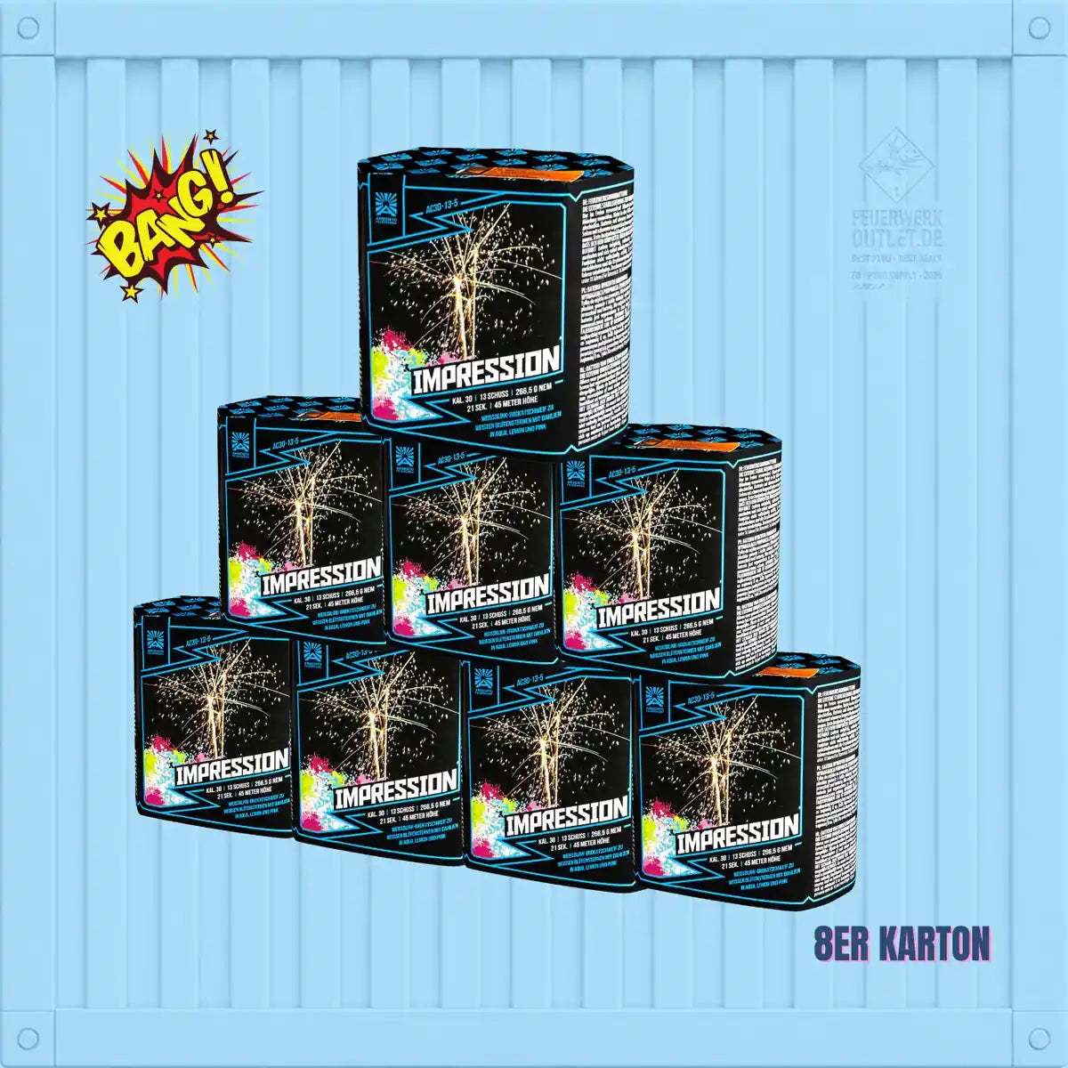 Sieben Kartons mit „Argento Impression 8er Karton“ 📦 Feuerwerkskörpern der Marke Argento sind auf blauem Hintergrund zu einer Pyramide gestapelt, wobei die Schriftzüge „BANG!“ und „8er Karton“ zu sehen sind.
