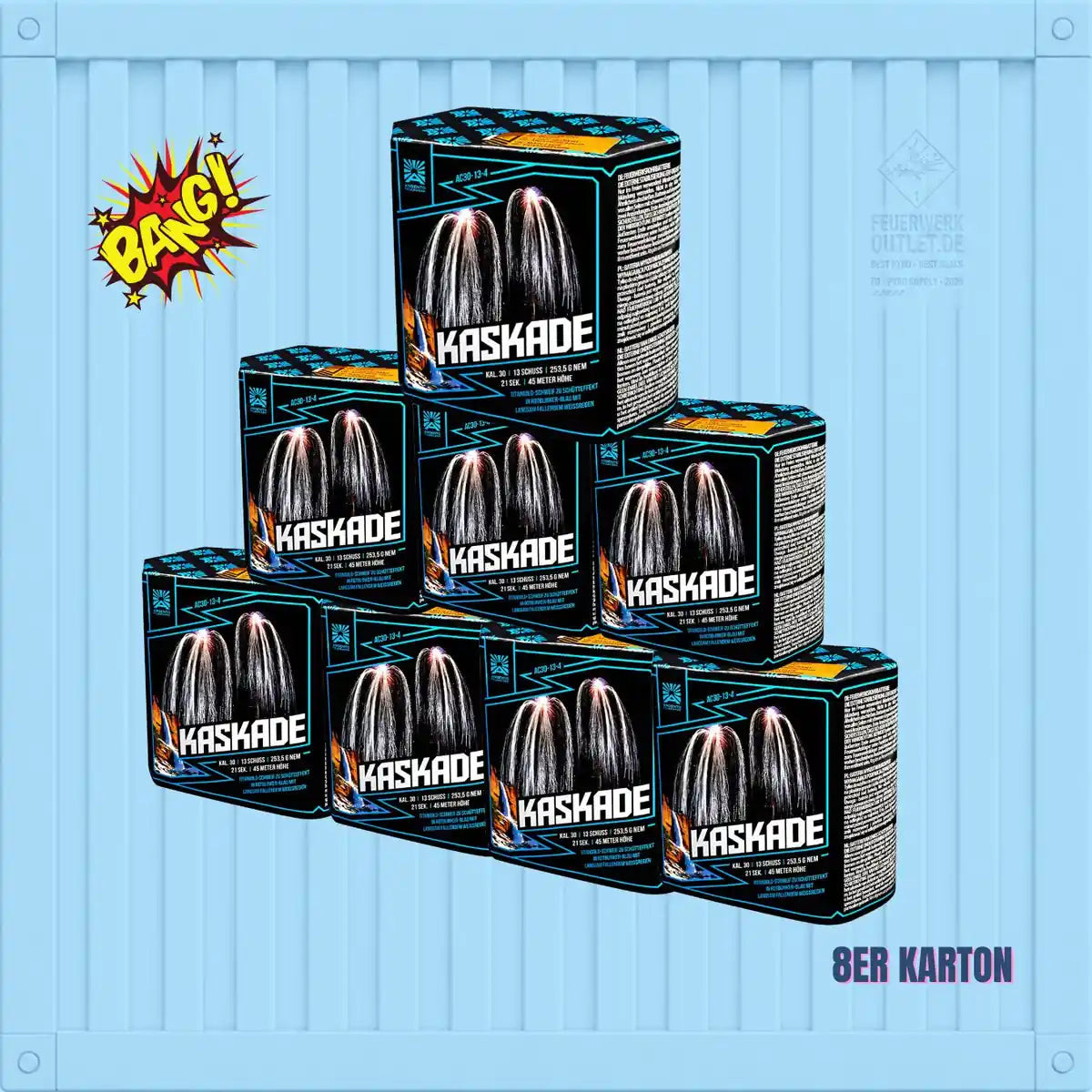 Acht Kartons „Argento Kaskade 8er Karton“ 📦 Feuerwerkskörper von Argento sind auf blauem Hintergrund zu einer Pyramide gestapelt. Links ist eine gelb-rote „BANG!“-Grafik zu sehen, unten rechts der Schriftzug „8ER KARTON“.