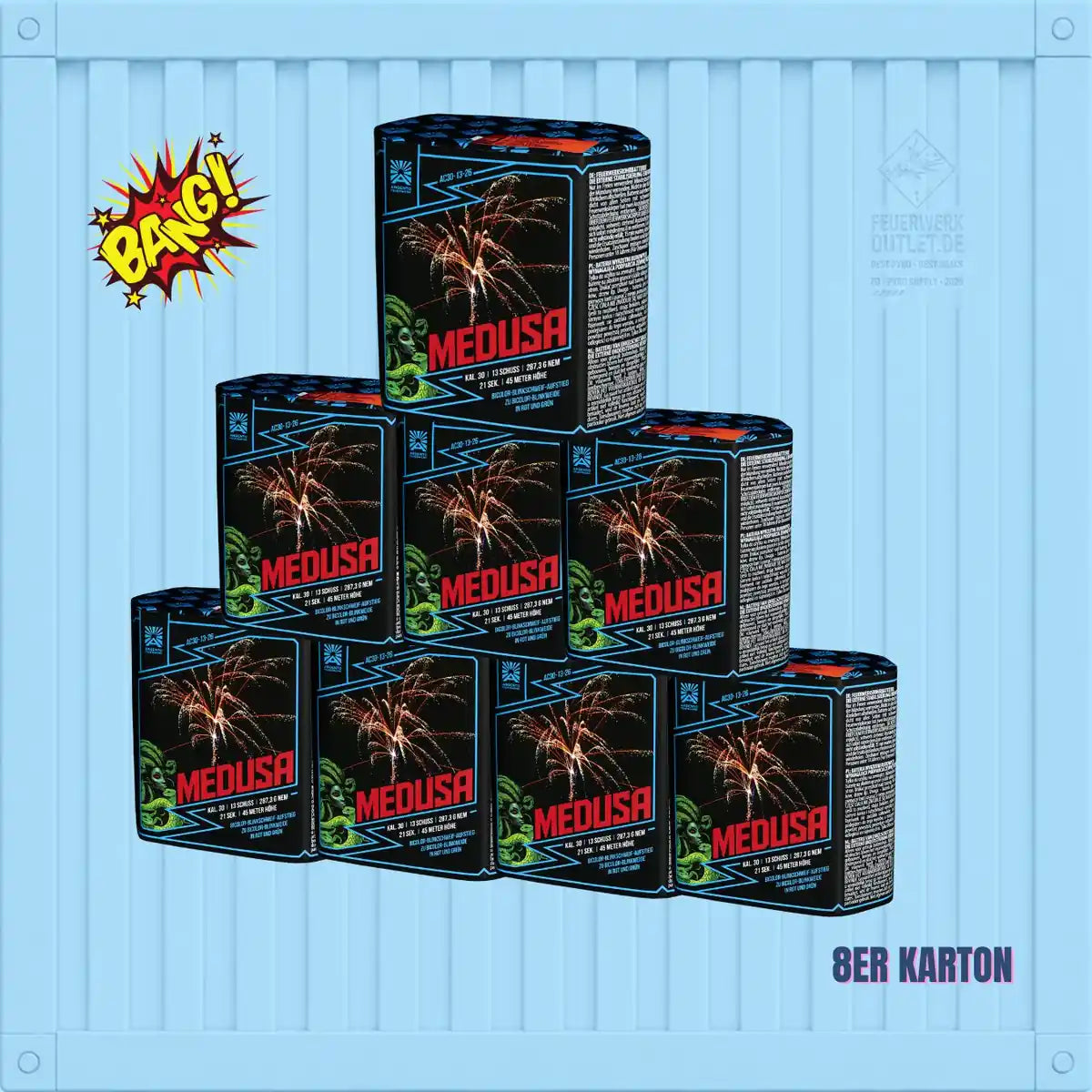Acht „Argento Medusa 8er Karton“ 📦-Schachteln von Argento sind vor einem blauen Hintergrund pyramidenförmig gestapelt; in der oberen linken Ecke ist eine „Bang!“-Comicgrafik zu sehen, und unten rechts steht der Text „8er Karton“. Das elegante Design und die hochwertige Qualität der Argento Medusa 8er-Kartons 📦 sorgen für ein beeindruckendes Feuerwerkerlebnis.