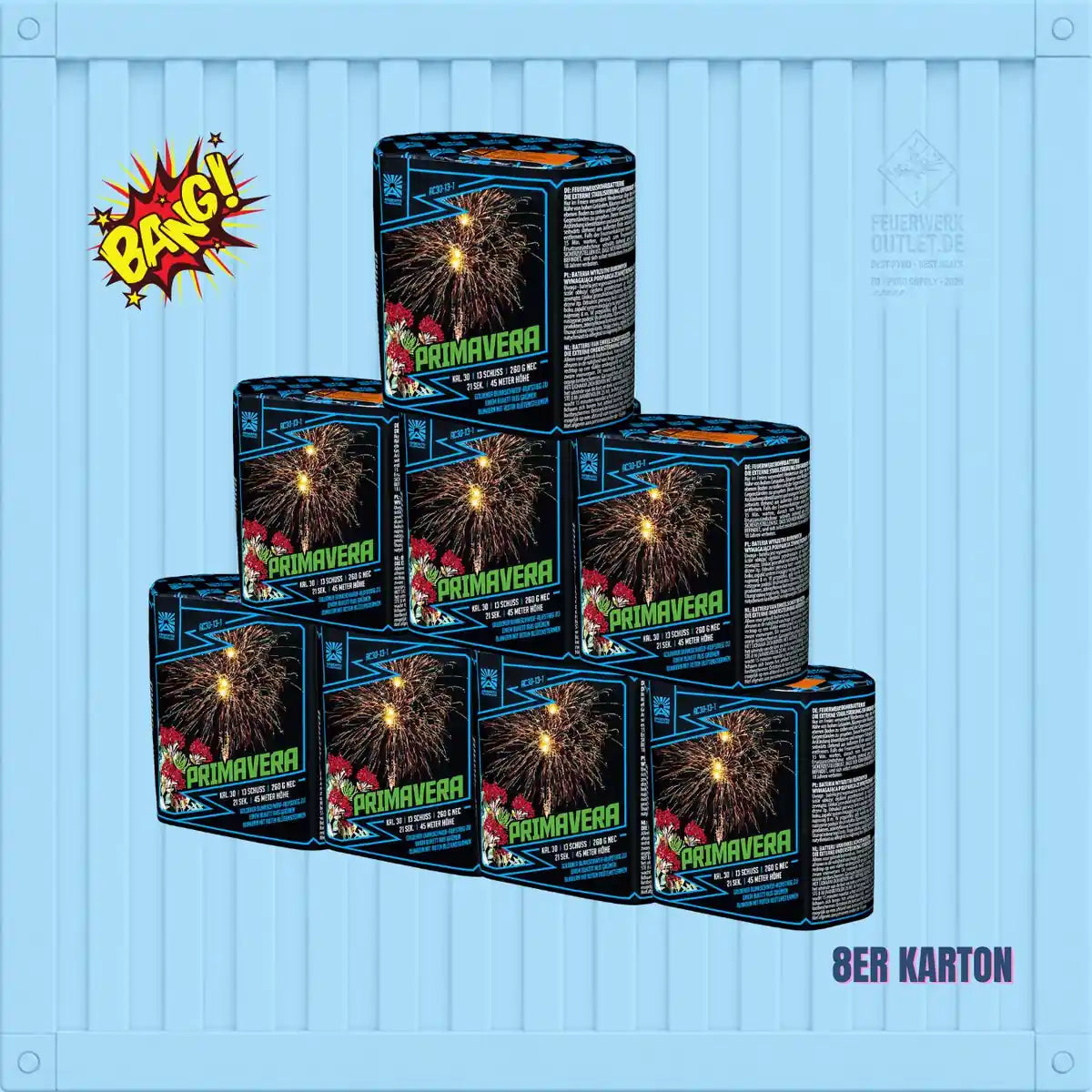 Acht Kartons „Argento Primavera 8er Karton 📦“ von Argento sind vor einem hellblauen Hintergrund pyramidenförmig aufgestapelt; darauf ist eine Grafik im Comic-Stil mit der Aufschrift „BANG!“ sowie das Label „8er Karton“ in der rechten unteren Ecke zu sehen. Jede Schachtel wirbt mit „sicherer Zündung“ und einem Kaliber von 30 mm für ein beeindruckendes Feuerwerk.