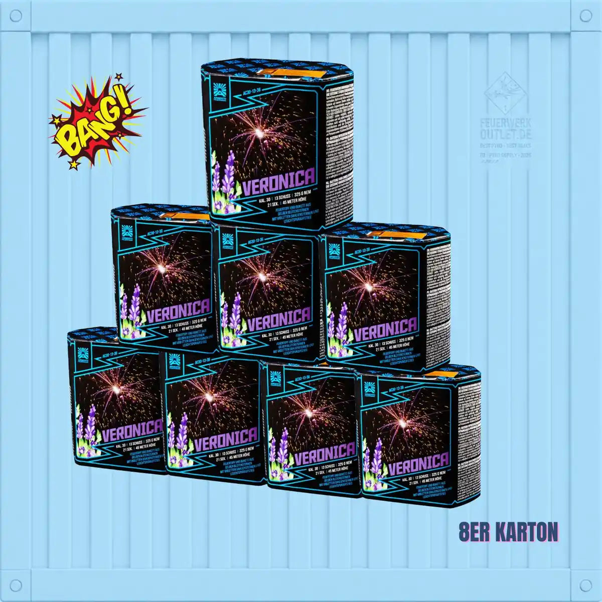 Acht Kartons mit der Aufschrift „Argento Veronica 8er Karton 📦“ und leuchtenden Feuerwerksmotiven sind vor einem kräftigen blauen Hintergrund zu einer Pyramide gestapelt. In der linken oberen Ecke prangt ein „BANG!“ im Comic-Stil, während der Markenname „Argento“ und „8er Karton“ unten rechts deutlich hervorgehoben sind.