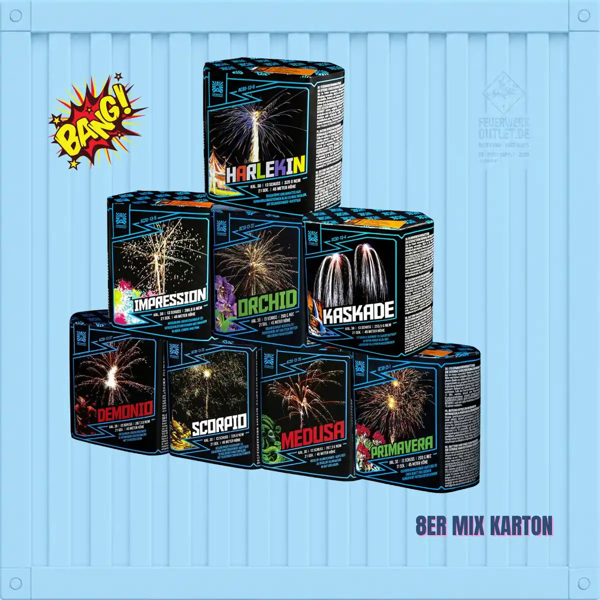 Neun bunte Feuerwerkskartons aus dem „Argento 13 Schüsser Freak Set 🤡“ von FREAKDEALS 🤡 sind vor einem blauen Hintergrund pyramidenförmig aufgestapelt. Jede Schachtel ist mit lebhaften Feuerwerksmotiven und Namen wie „Harlekin“, „Impression“ und „Medusa“ verziert. Die Aufschriften „BANG!“ und „8er Mix Karton“ sind zu sehen.