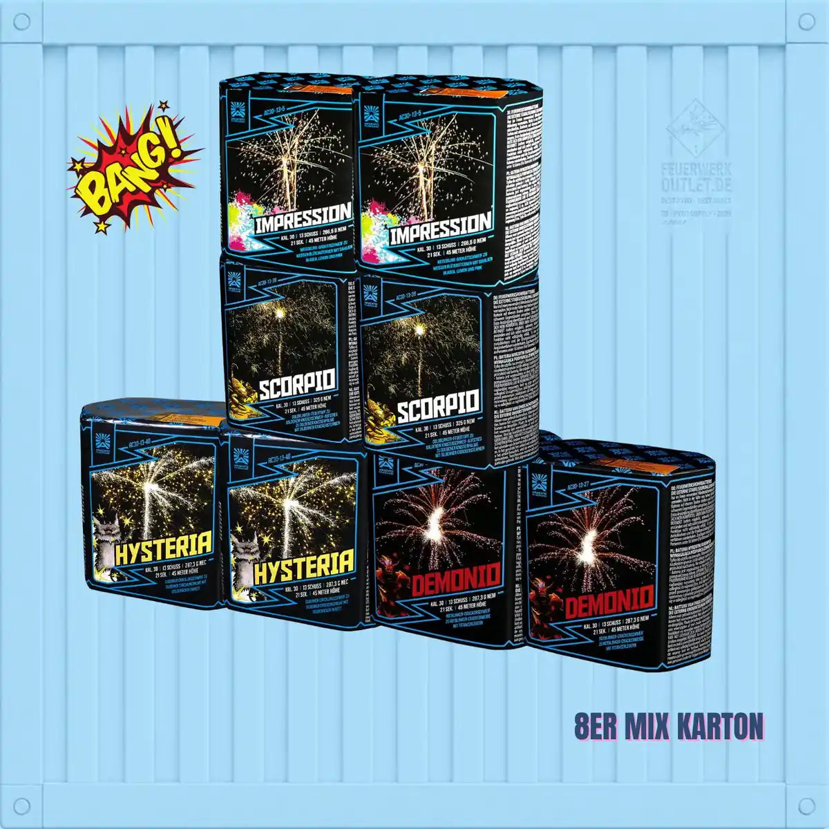 Sieben farbenfrohe Feuerwerkskartons der Marke FREAKDEALS 🤡 mit der Aufschrift „Argento 13 Schüsser Crack Freak Set“ 🤡 sind vor einem hellblauen Hintergrund gestapelt, wobei in der unteren rechten Ecke ein „Bang!“ im Comic-Stil sowie der Text „8er Mix Karton“ zu sehen sind.