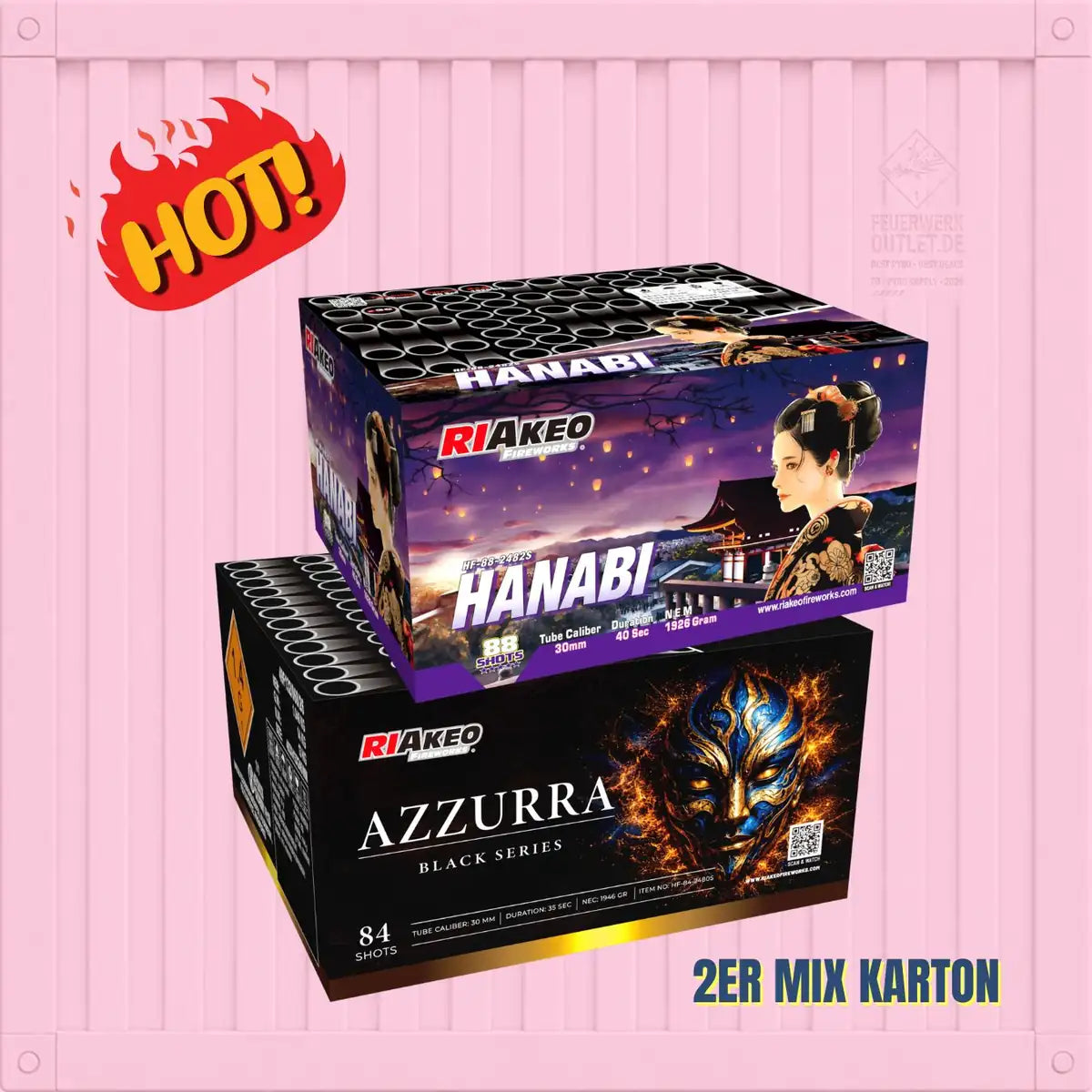 Zwei farbenfrohe Feuerwerksboxen aus dem „Kombi Riakeo Azzurra + Hanabi“-Set von Feuerwerk Outlet sind übereinander gestapelt. Auf der oberen Schachtel „Hanabi“ ist eine Frau in traditioneller Tracht abgebildet, während die untere Schachtel „Azzurra“ eine auffällige blau-goldene Maske zeigt. Auf der Verpackung befinden sich außerdem ein auffälliges „HOT!“-Etikett und der Schriftzug „2ER MIX KARTON“.