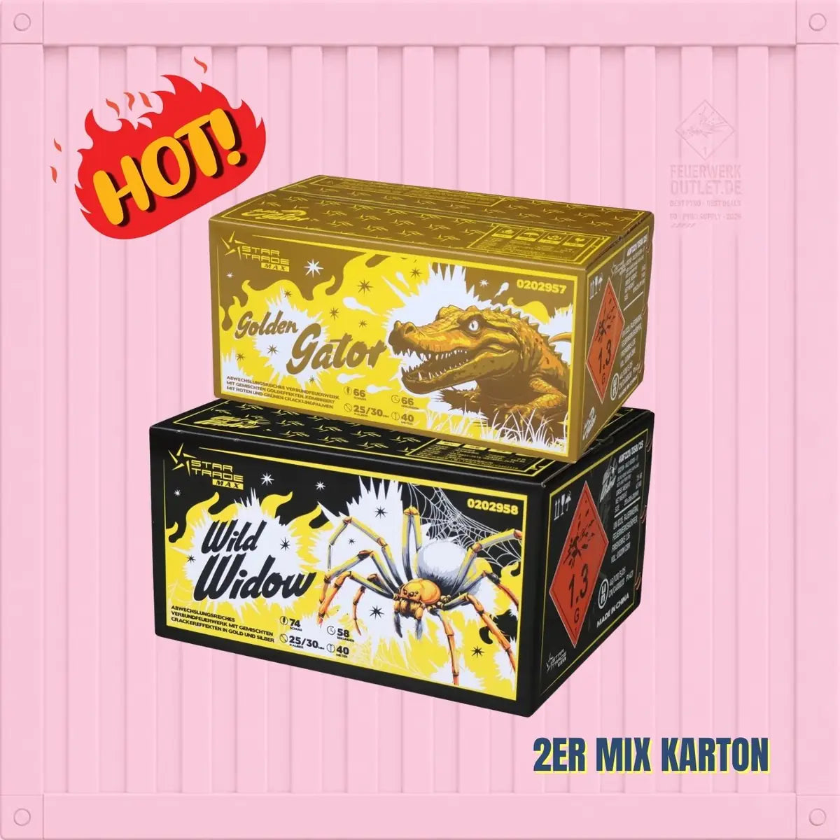Zwei farbenfrohe Feuerwerksboxen von Feuerwerk Outlet – eine gelbe mit einem Alligator-Motiv und der Aufschrift „Golden Gator“ sowie eine schwarze mit einer weißen Spinne und der Aufschrift „Wild Widow“ – aus dem Kombi Startrade Max Wild Widow + Golden Gator 💣 – sind vor einem rosa gestreiften Hintergrund mit der auffälligen Aufschrift „HOT!“ übereinander gestapelt.