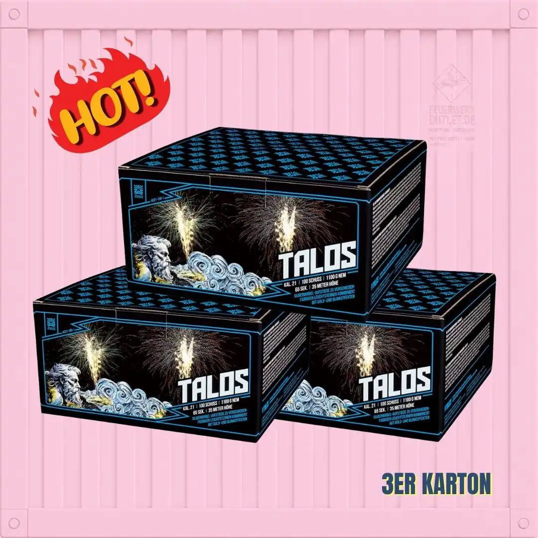Drei Kartons mit der Aufschrift „Argento Talos 3er Karton 📦“ und einem farbenfrohen Feuerwerksmotiv sind vor einem rosa Hintergrund gestapelt. In der oberen linken Ecke ist die Aufschrift „HOT!“ zu sehen, während der Produktname unten rechts steht.