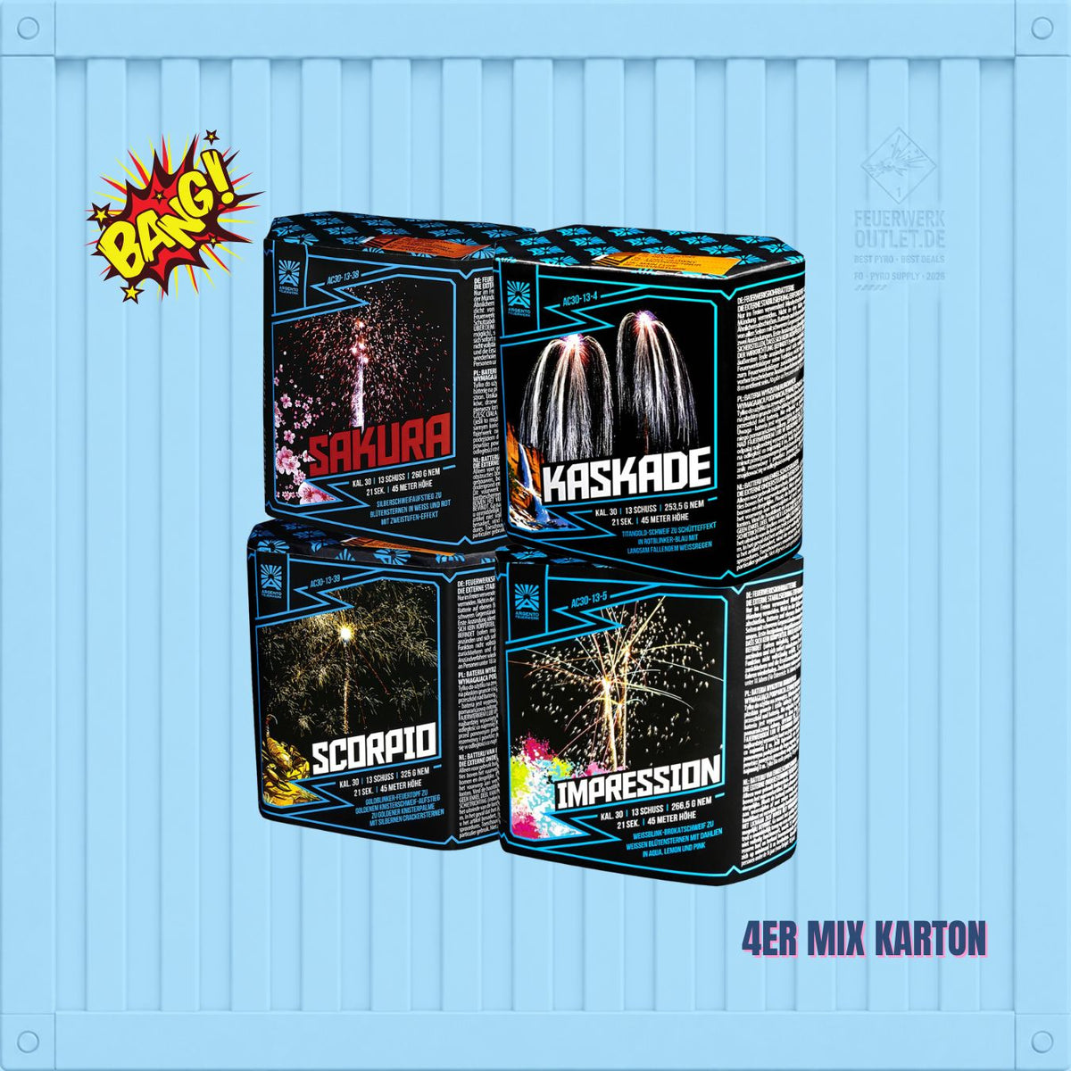 Vier bunte FREAKDEALS-Feuerwerkskartons 🤡 mit der Aufschrift „Argento 13 Schüsser Little Freak Set 1“ 🤡 sind auf einem blauen Hintergrund mit einer gelben „Bang!“-Grafik gestapelt. Der Text in der rechten unteren Ecke lautet „4er-Mix-Karton“.