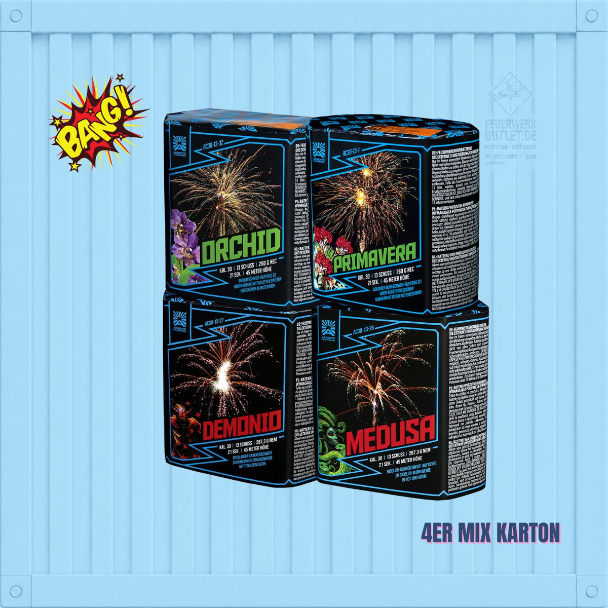 Vier farbenfrohe Feuerwerkskartons aus dem „Argento 13 Schüsser Little Freak Set 2“ 🤡 von FREAKDEALS 🤡 mit den Bezeichnungen „Orchid“, „Primavera“, „Demonio“ und „Medusa“ sind in einer blauen Kiste gestapelt. Oben links ist ein „Bang!“ im Comic-Stil zu sehen, während unten rechts „4er-Mix-Karton“ steht.