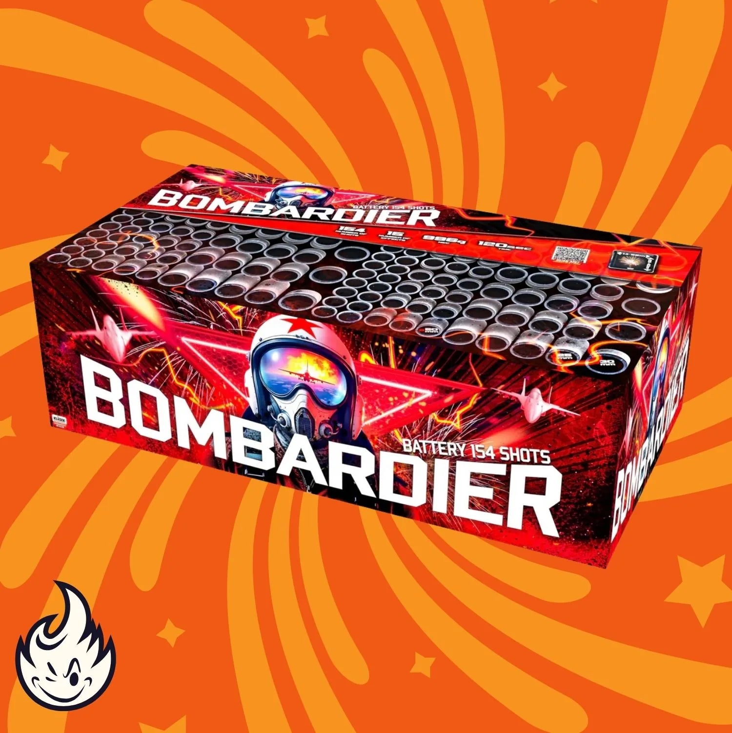 Eine rechteckige rote "Klasek Bombardier" Feuerwerksdose von Klasek zeigt eine Pilotenhelmgrafik, "Battery 154 Shots", einen orangefarbenen Starburst-Hintergrund und ein Flammensymbol in der Ecke.