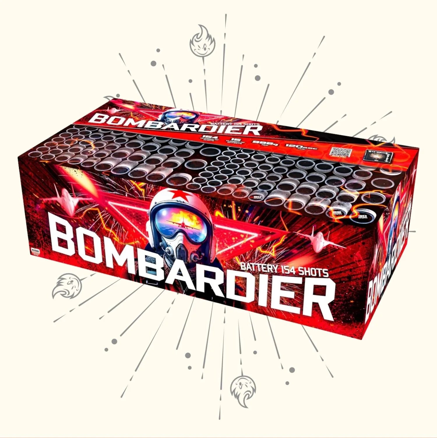 Der Klasek Bombardier von Klasek ist ein großer, farbenfroher Feuerwerkskasten mit einem Pilotenhelm und roter Grafik, mit mehreren Abschussrohren und dem Text "Battery 154 shots" auf der Vorderseite.