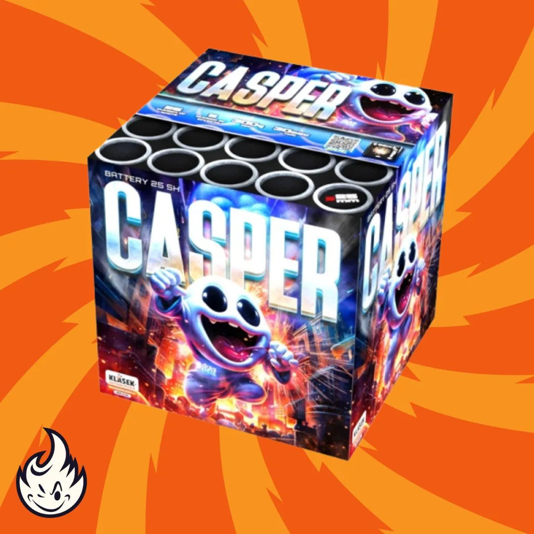 Die Klasek Casper Feuerwerksdose von Klasek zeigt ein lächelndes Cartoon-Gespenst mit Sonnenbrille auf einem orangefarbenen, geplatzten Hintergrund sowie ein kleines Flammenlogo in der Ecke.