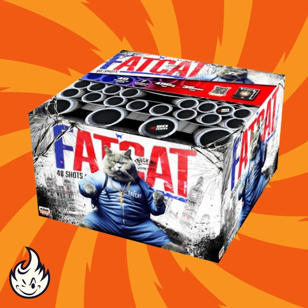 Eine Schachtel Klasek Fat Cat 50 mm Feuerwerkskörper der Marke Klasek zeigt eine robust aussehende Katze in einem blauen Trainingsanzug auf orangefarbenem Hintergrund mit Flammenmustern und einem kleinen Flammenlogo in der Ecke.