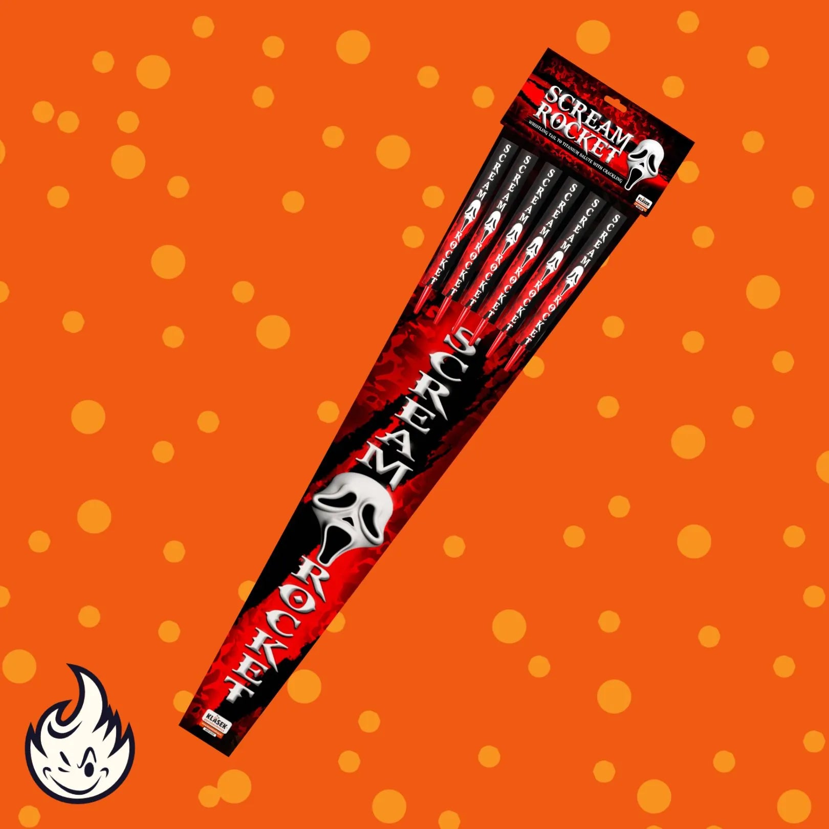 Die Scream Rocket Big von Scream präsentiert sich in einer auffälligen rot-schwarzen Verpackung mit einer weißen Geistermaske auf orangem Hintergrund mit gelben Punkten und einem Flammenlogo in der Ecke.
