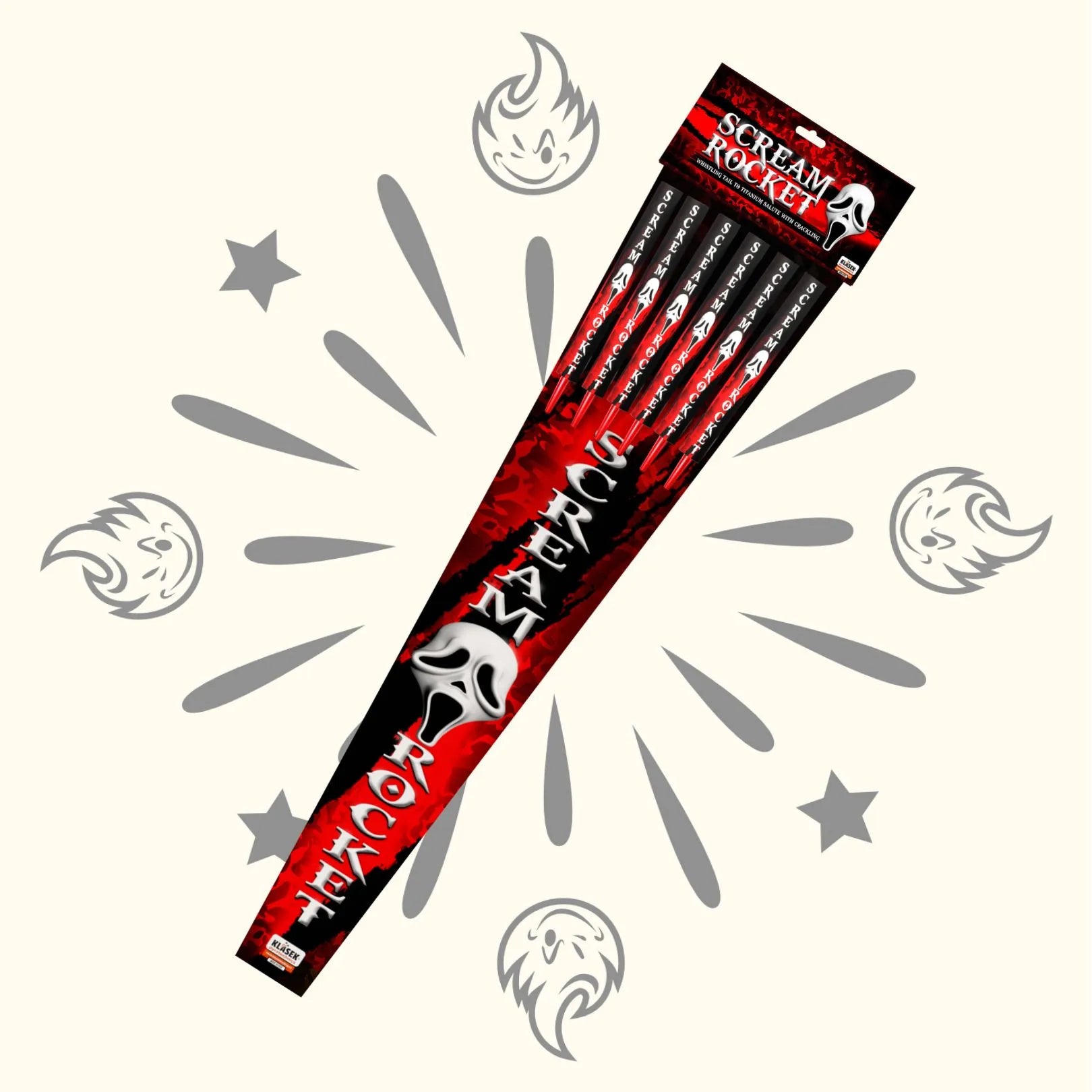 Eine Packung mit fünf "Scream Rocket Big"-Feuerwerkskörpern von Scream in einer rot-schwarzen Verpackung mit einer weißen Geistermaske, die auf einem hellen Hintergrund mit Flammen- und Sternmotiven dargestellt ist.