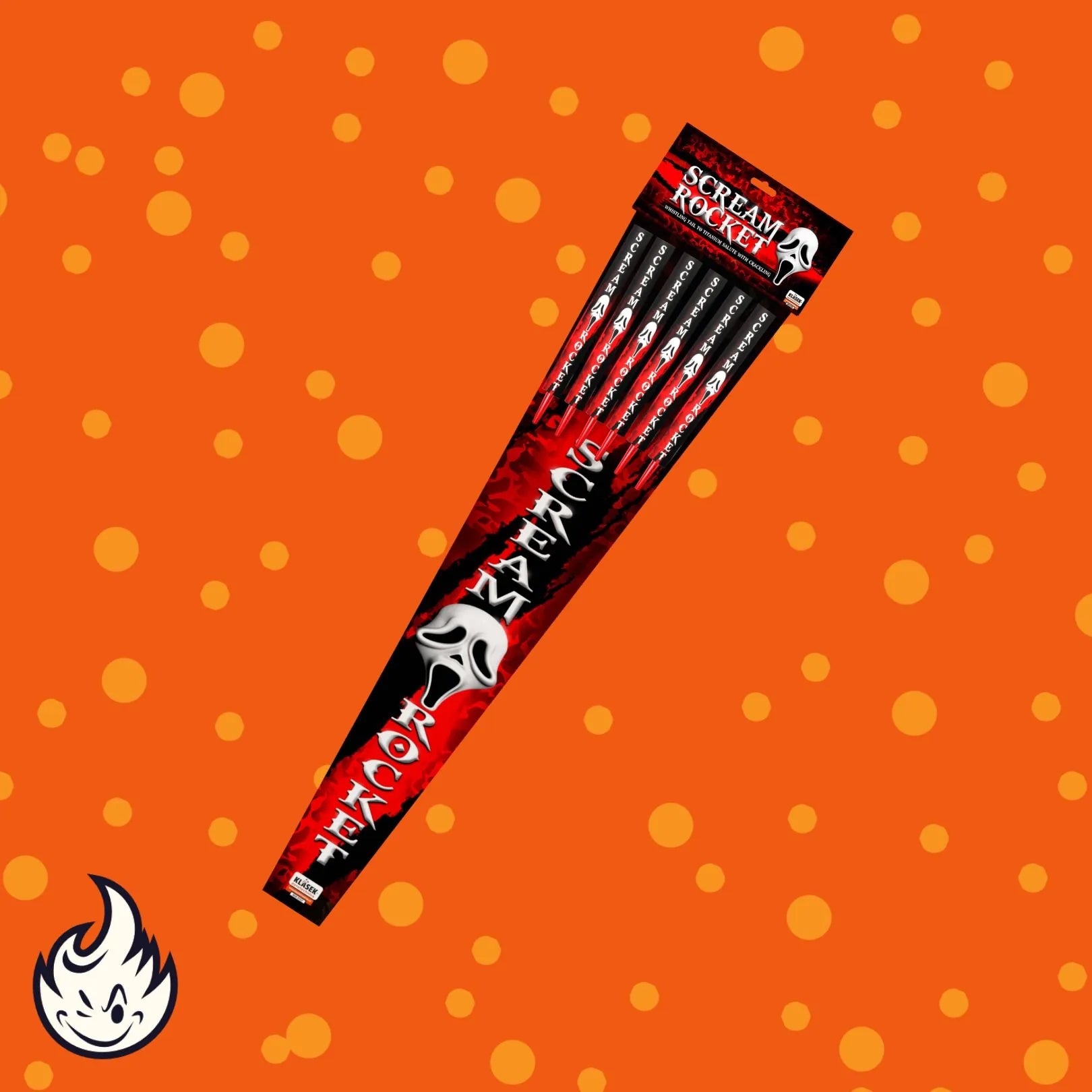 Die Scream Rocket Medium von Scream hat ein rot-schwarzes Design mit einem weißen schreienden Gesicht, das diagonal auf einem orangefarbenen Polka-Dot-Hintergrund abgebildet ist, und einem Flammenlogo in der unteren linken Ecke.