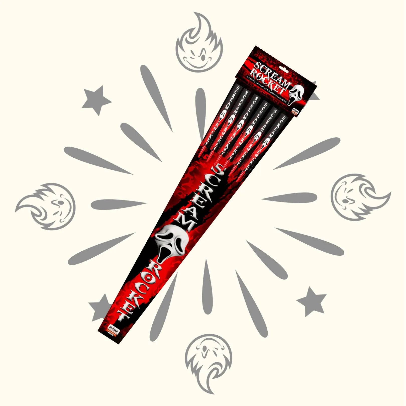 Eine Packung mit sechs Scream Rocket Medium Feuerwerkskörpern von Scream in den Farben Rot und Schwarz wird vor einem beigen Hintergrund mit grauen Starburst- und Flammensymbolen gezeigt.