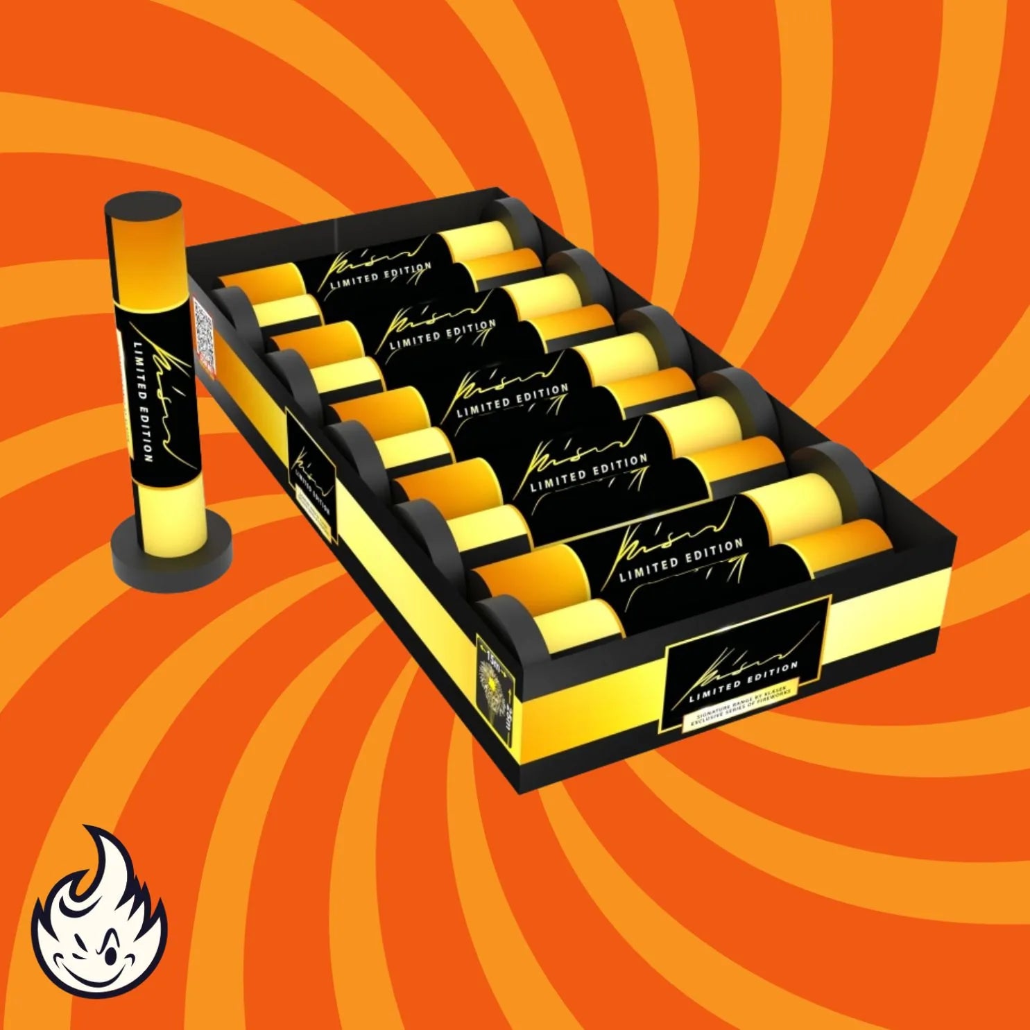 Eine Schachtel mit Klasek Signature Range Single Shot 20mm (gelbe und schwarze limitierte Auflage) Produkten, wobei eines aufrecht neben der Schachtel steht. Der orangefarbene Hintergrund hat gelbe Spiralen und ein weißes Flammenlogo in der unteren linken Ecke.