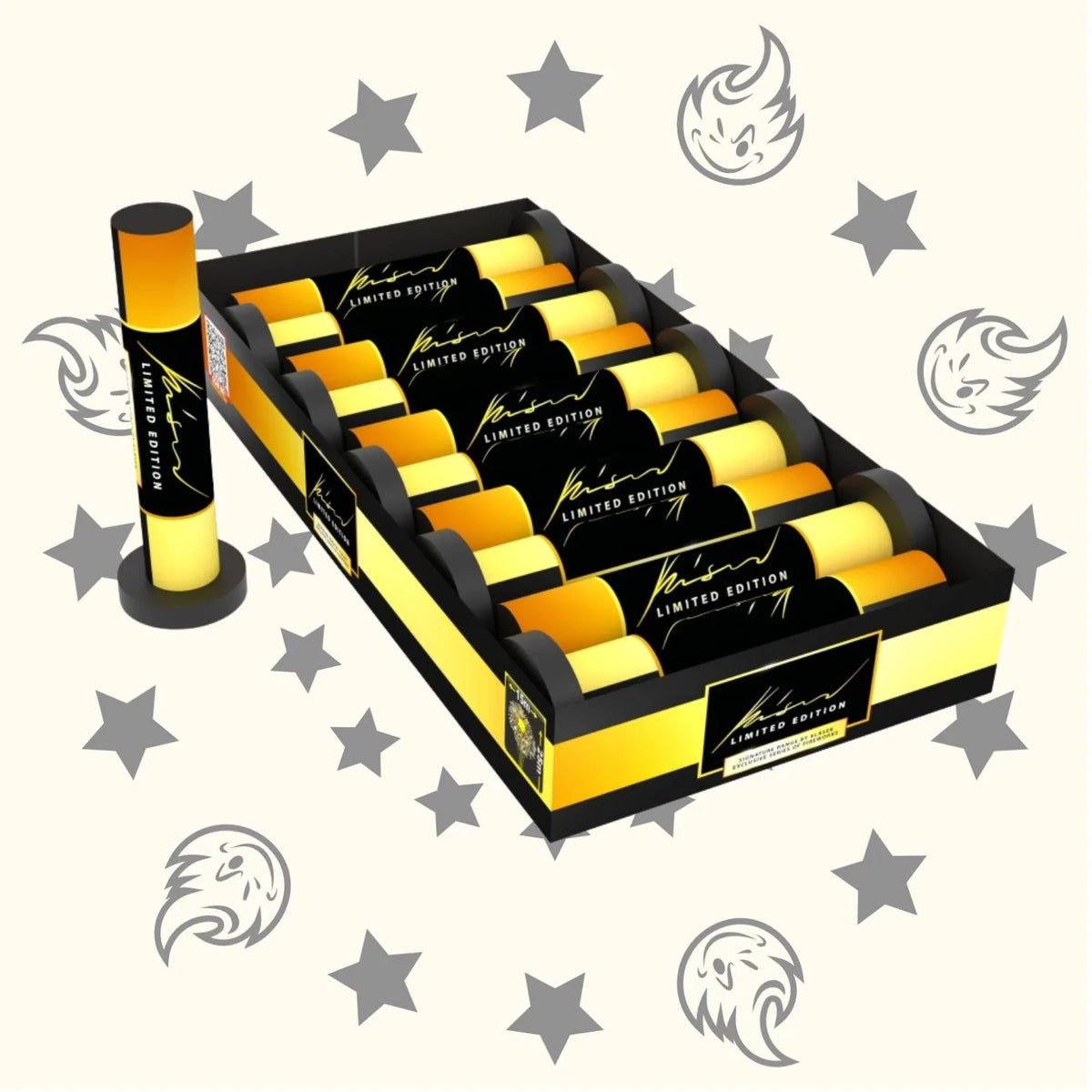 Abgebildet ist ein Displaykarton mit Klasek Signature Range Single Shot 20mm von Klasek, wobei ein Artikel aufrecht steht und die anderen ordentlich in der Schachtel liegen. Graue Sterne und Löwenkopfsymbole zieren den Hintergrund.