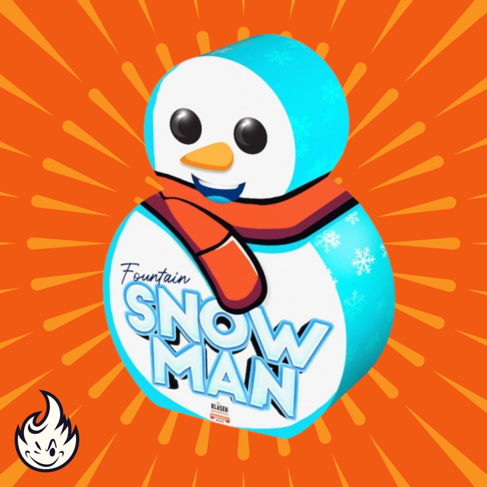 Ein fröhlicher Cartoon-Schneemann mit rotem Schal, orangefarbener Karottennase und dem Schriftzug "Klasek Snowman" auf dem Körper vor einem orangefarbenen Hintergrund mit strahlenden Linien und einem kleinen Klasek Markenlogo in der Ecke.