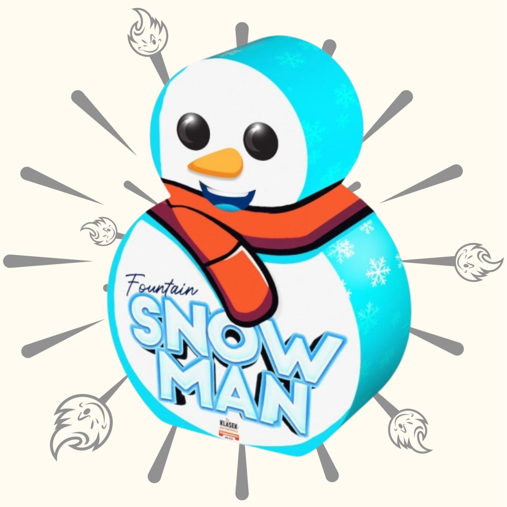 Die blau-weiße, schneemannförmige Schachtel "Klasek Snowman" von Klasek zeigt einen roten Schal, ein lächelndes Gesicht, graue Linien und Cartoon-Schneeflocken auf hellem Hintergrund.