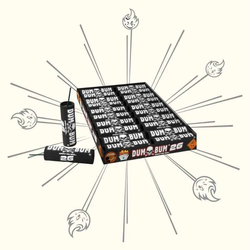 Eine Schachtel mit der Aufschrift "Dumbum 2G Edition P1" der Marke Dumbum enthält mehrere passende schwarze Feuerwerkskörper, von denen zwei außerhalb der Schachtel liegen. Stilisierte Explosionsgrafiken strahlen im Hintergrund nach außen.
