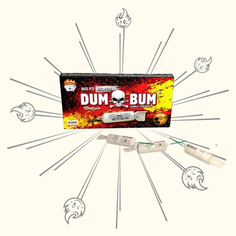 Eine Schachtel mit der Aufschrift "Dumbum Big F2 Black" der Marke Dumbum, mit einem Totenkopf-Logo und zwei zylindrischen Feuerwerkskörpern auf der Vorderseite. Graue Linien und Flammensymbole strahlen von der Schachtel vor einem hellen Hintergrund nach außen.