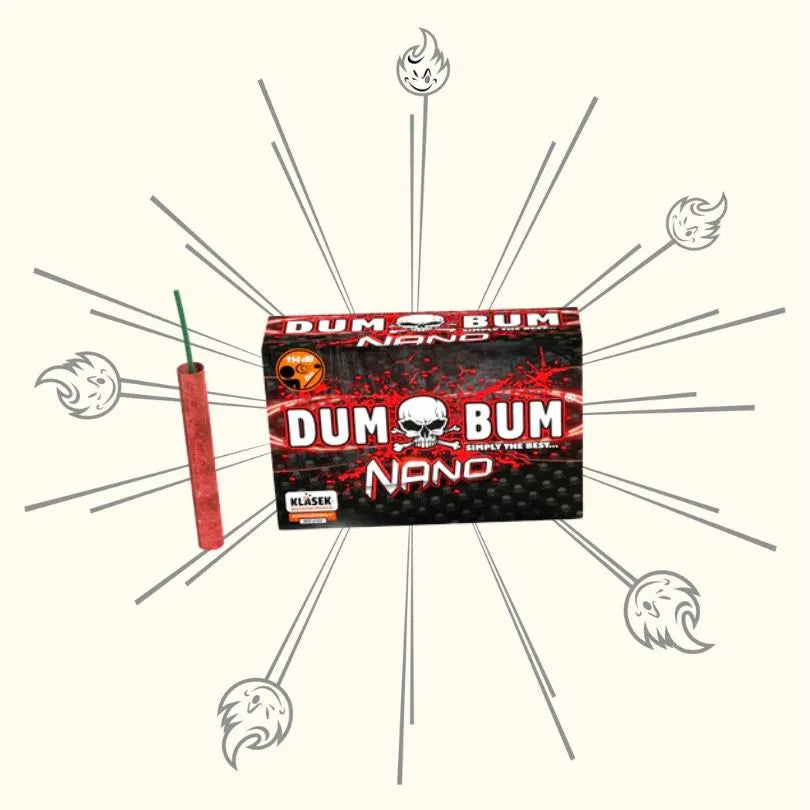 Ein roter Feuerwerkskörper und eine Schachtel mit der Aufschrift "Dumbum Nano 114dB" von Dumbum sind von illustrierten Explosionen auf hellem Hintergrund umgeben.