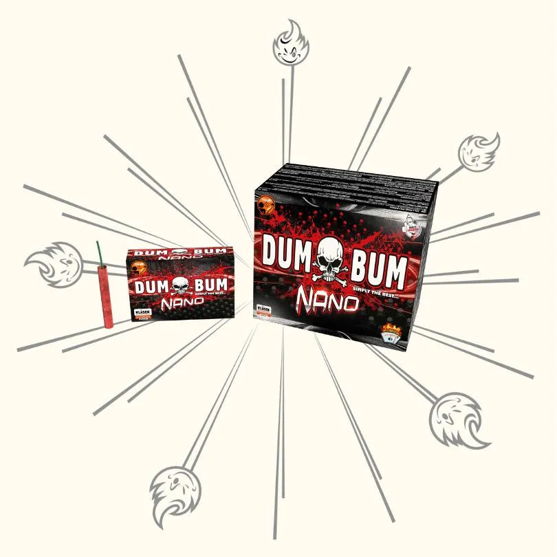 Zwei Dumbum Nano 114dB Display Boxen der Marke Dumbum sind auf einem hellen Hintergrund mit Cartoon-Explosionsgrafiken abgebildet, sowie ein aufrecht stehender Feuerwerkskörper neben der kleineren Box.