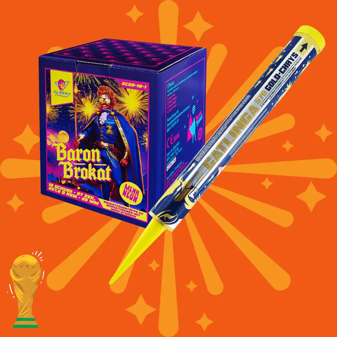 Eine farbenfrohe COMBI-DEALS 💣-Box mit der Aufschrift „Kombi Baron Brokat + Gatlinga 570 Gold-Chrys“ steht neben einer Rakete mit gelber Spitze vor einem orangefarbenen Sternenhintergrund, wobei in der unteren linken Ecke eine kleine goldene Trophäe zu sehen ist.