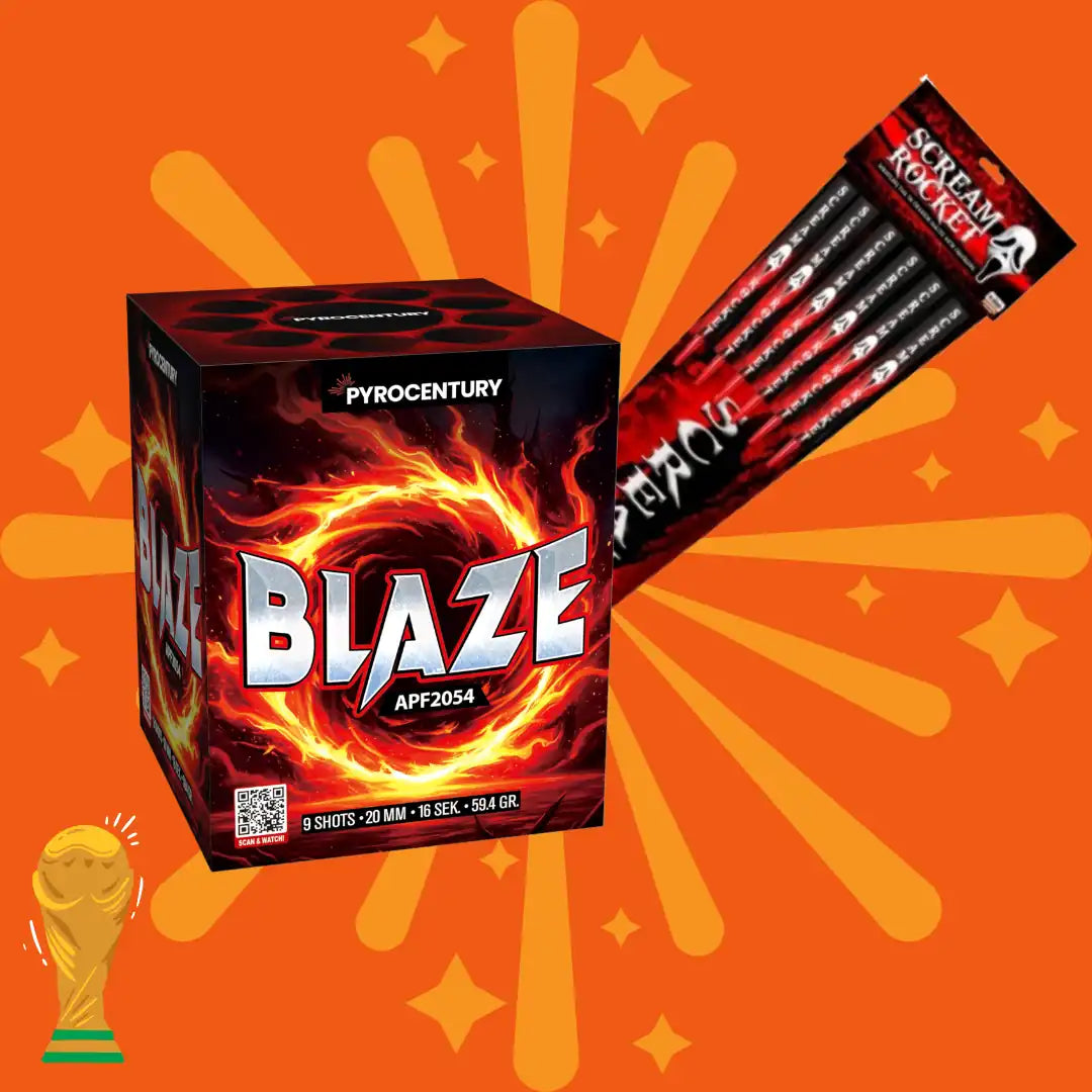 Ein KOMBI-DEALS 💣-Set mit den Feuerwerkskörpern „Kombi Blaze + Scream Medium Raketen“ wird vor einem orangefarbenen Sternenexplosionshintergrund dargestellt, auf dem eine rote Schachtel und ein Raketenpaket zu sehen sind. In der unteren linken Ecke ist ein goldenes Trophäensymbol zu sehen.