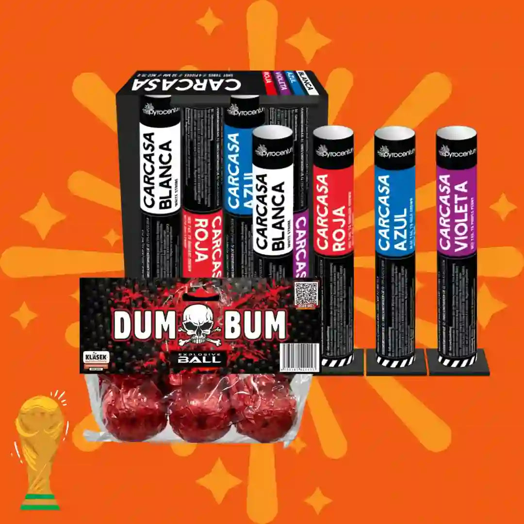 Das COMBI-DEALS 💣 Kombi-Set „Carcasa Single Shots + Dumbum Crackling Balls“ enthält Feuerwerkskörper wie die Carcasa-Röhren in den Farben Blanca, Roja, Azul und Violeta sowie rote Dumbum-Kugeln auf orangefarbenem Hintergrund mit einem Symbol der Weltmeisterschaftstrophäe.