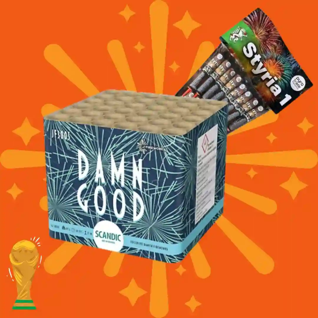 Eine „COMBI-DEALS 💣“-Box mit der Aufschrift „Kombi Damn Good + PGE Styria 1 Raketen“ und einem Feuerwerksmotiv steht vor einem orangefarbenen Hintergrund mit Strahlen und einem goldenen Pokal-Symbol in der Ecke.