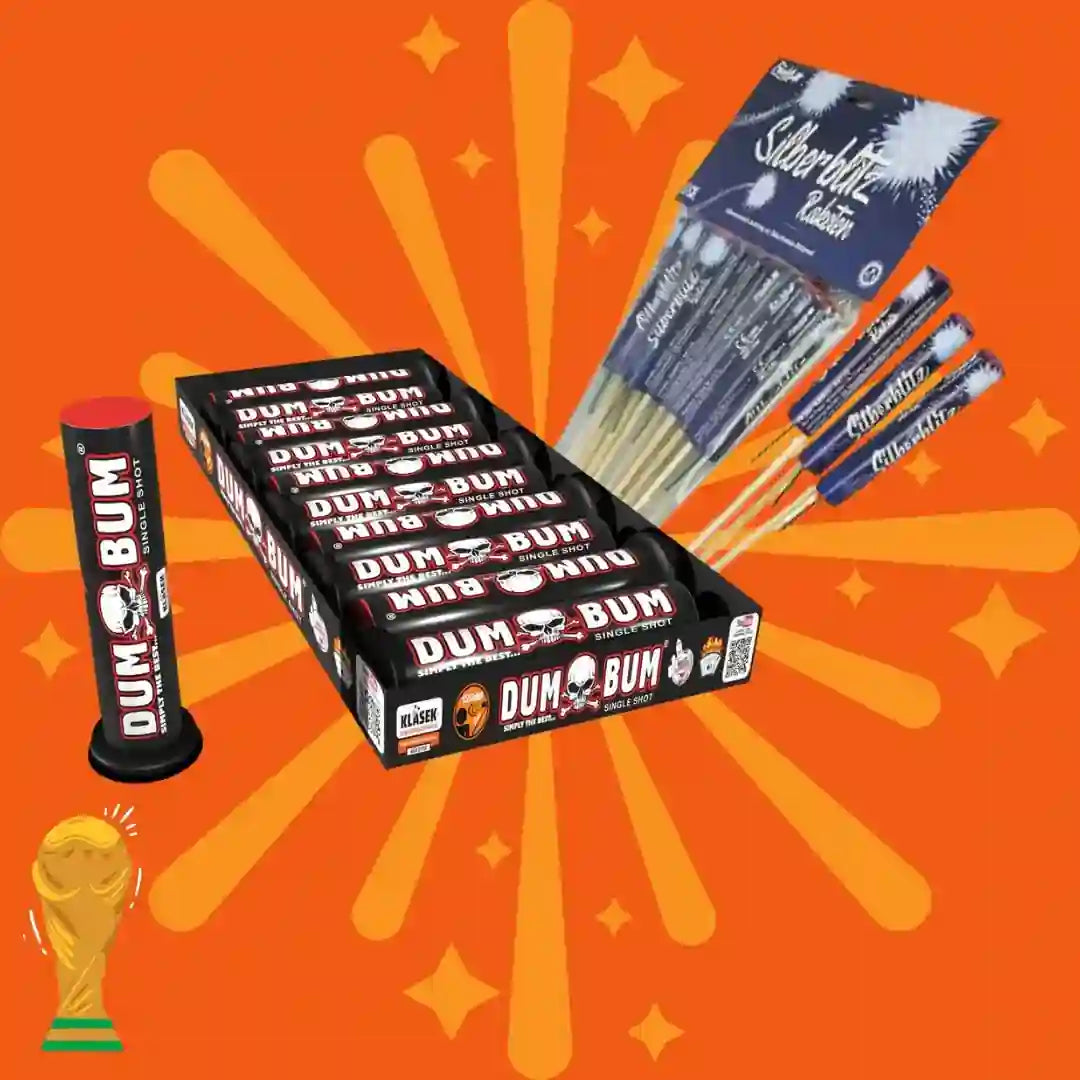 Eine Auswahl an COMBI-DEALS 💣-Produkten, darunter Kombi Dumbum Single Shots und Silberblitz-Raketen, wird mit einem goldenen Pokalsymbol auf orangefarbenem Hintergrund mit strahlenförmigen Linien dargestellt.