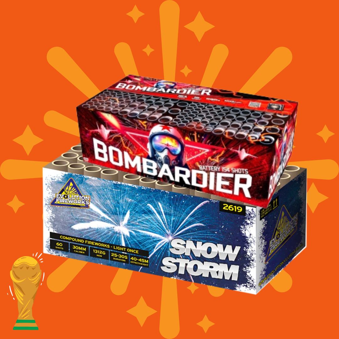 Zwei farbenfrohe Feuerwerkskisten, „Kombi Snowstorm + Bombardier“ von COMBI-DEALS 💣, sind vor einem orangefarbenen Hintergrund mit gelben Explosionsgrafiken übereinander angeordnet. In der unteren linken Ecke ist ein kleines goldenes Trophäensymbol zu sehen.