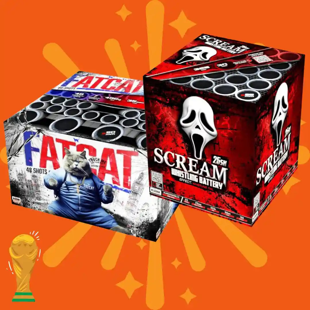 Das COMBI-DEALS 💣 Kombi-Set „Fat Cat + Scream Battery 25sh“ umfasst zwei auffällige Verpackungen: „FAT CAT“ mit einer coolen Katze im Trainingsanzug und „SCREAM“ mit einer gespenstischen Maske, beide vor einem orangefarbenen Hintergrund mit einem Trophäen-Symbol.