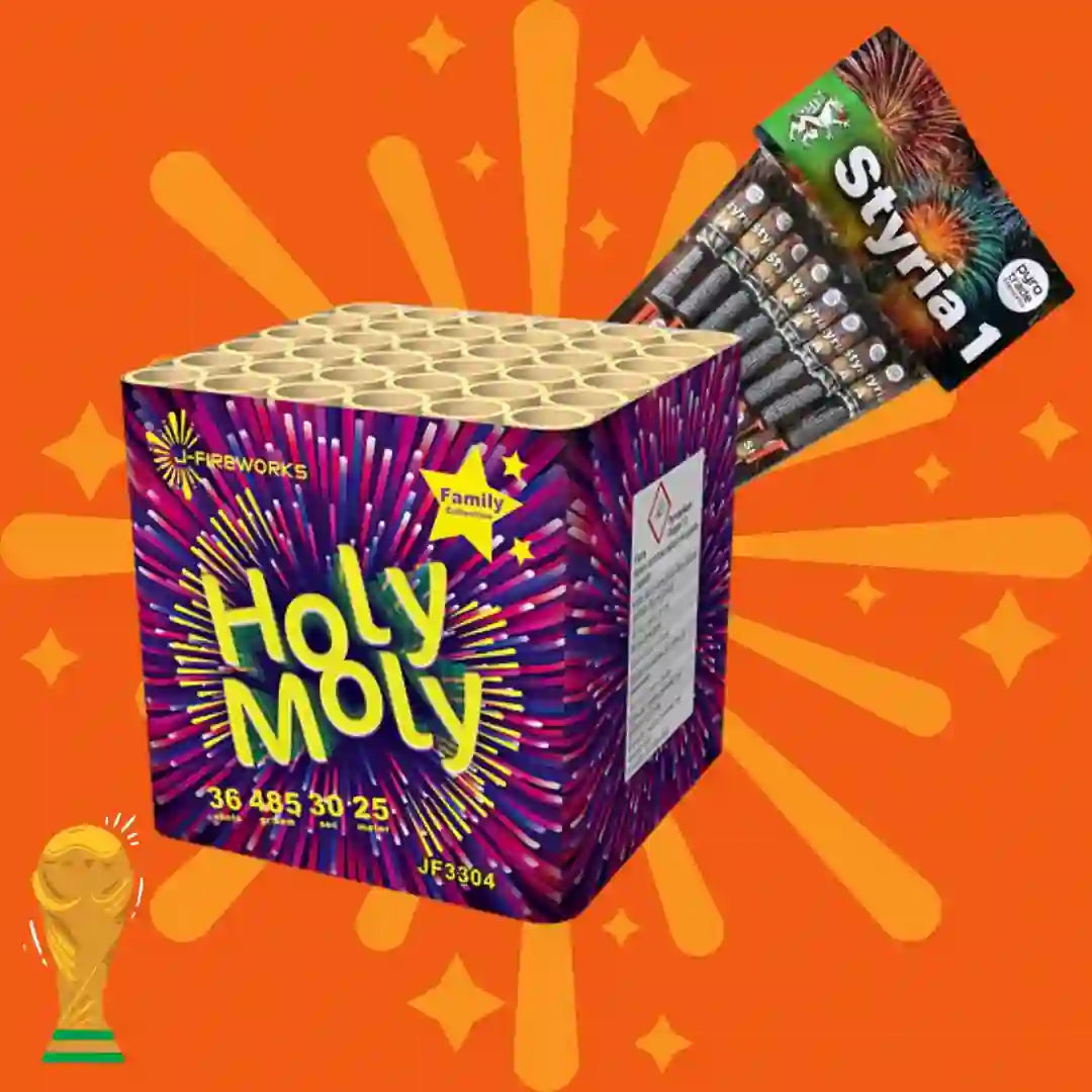 Eine farbenfrohe Schachtel mit der Aufschrift „Kombi Holy Moly + PGE Styria 1 Raketen“ von COMBI-DEALS 💣 zeigt zylindrische Röhren und Feuerwerksstäbe vor einem orangefarbenen Sternenhintergrund mit einem kleinen Pokalsymbol in der Ecke.