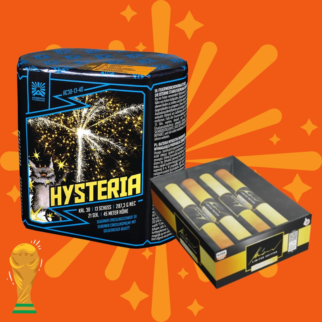 Eine Schachtel mit „Kombi Hysteria“ und „Signature Range Single Shots“ 30 mm von COMBI-DEALS 💣, mit Funkenillustrationen neben zylindrischen Feuerwerkskörpern auf orangefarbenem Hintergrund, Sternenexplosionen und einem goldenen Pokalsymbol in der Ecke.
