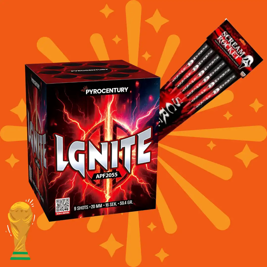 Vor einem leuchtend orangefarbenen Hintergrund mit Explosionsmotiven sind die Feuerwerkskörper „Kombi Ignite + Scream Medium Raketen“ von COMBI-DEALS abgebildet 💣 – eine auffällige rote „Ignite“-Verpackung mit elektrisierenden Motiven und Raketenfeuerwerk sowie ein goldenes Trophäensymbol unten links.