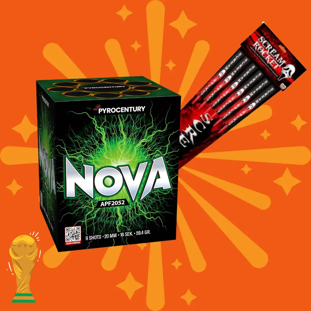 Eine Schachtel mit „Kombi Nova + Scream Medium Raketen“ von COMBI-DEALS 💣 ist auf orangefarbenem Hintergrund mit Sterneneffekten abgebildet, und in der unteren linken Ecke ist ein kleines Trophäensymbol zu sehen.